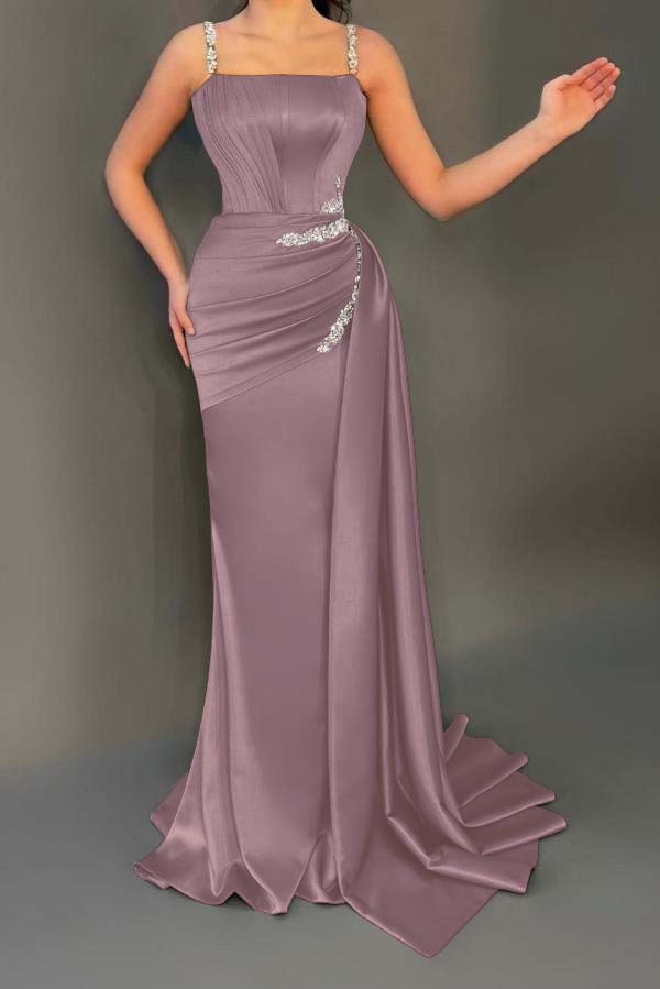 Spaghetti Strap Mermaid Long Pleated Prom Dress with Beading