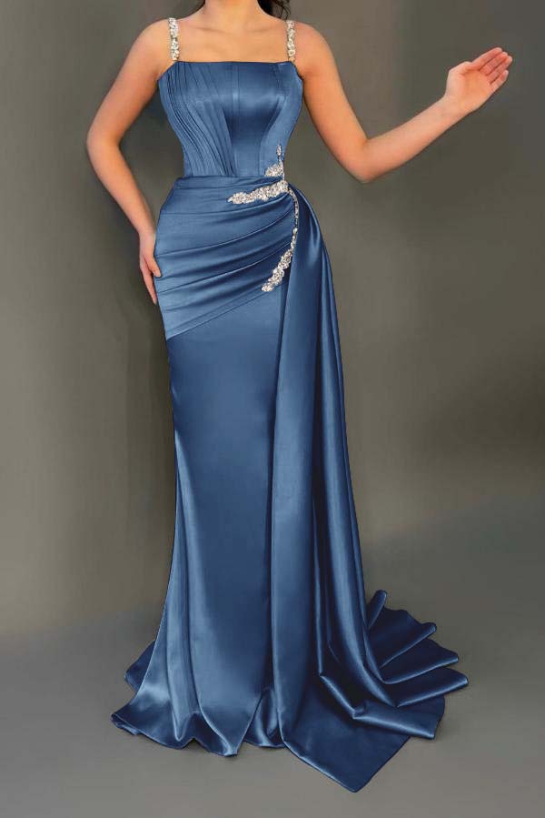 Spaghetti Strap Mermaid Long Pleated Prom Dress with Beading
