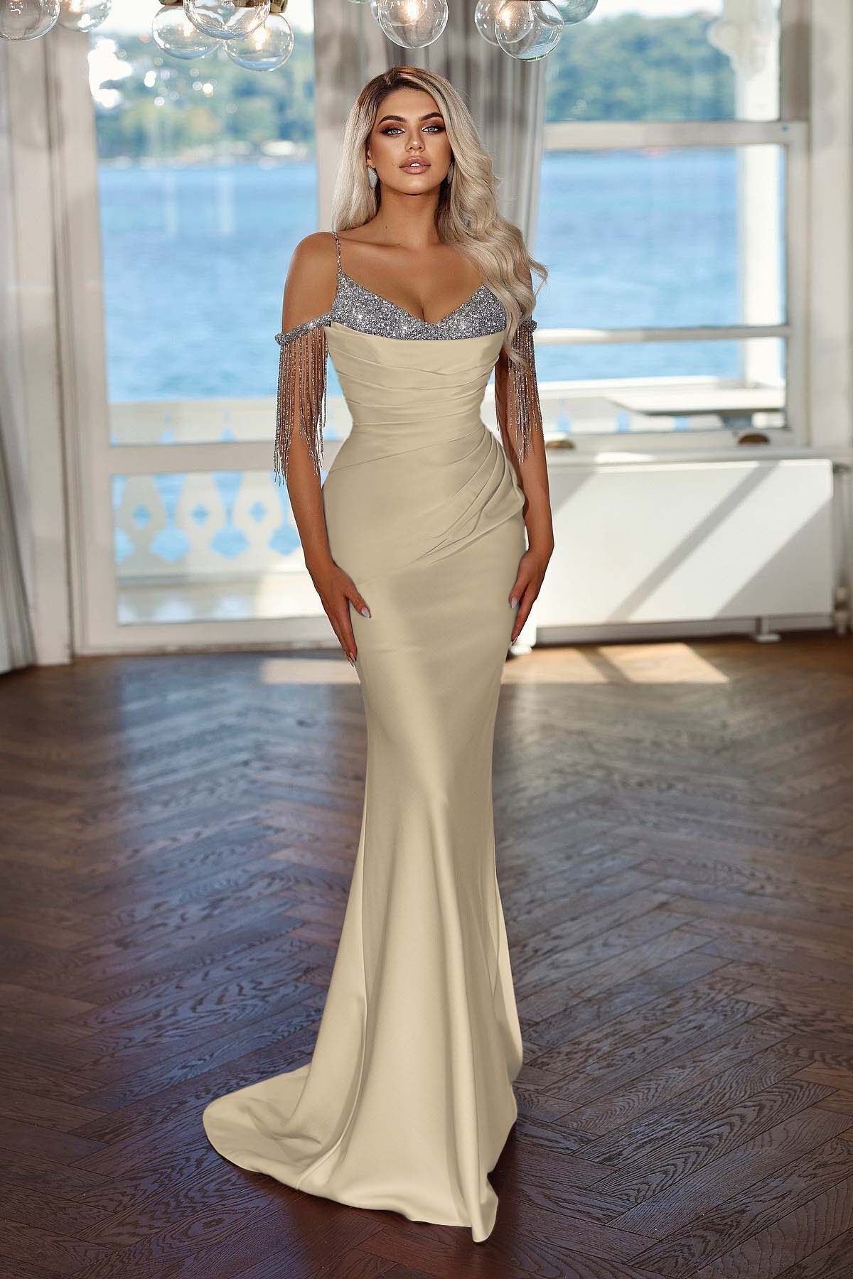 Spaghetti Strap Mermaid Long Prom Dress with Sequins