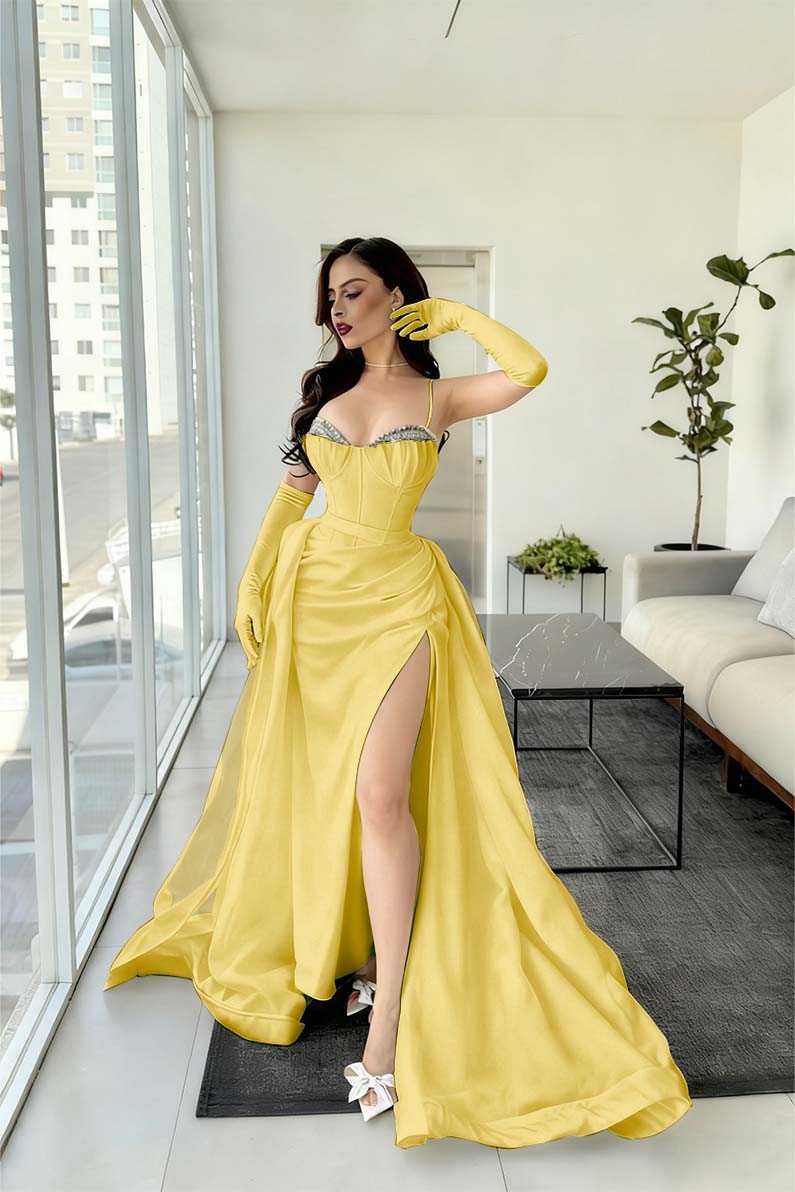 Spaghetti Strap Mermaid Long Prom Dress with Split and Gloves