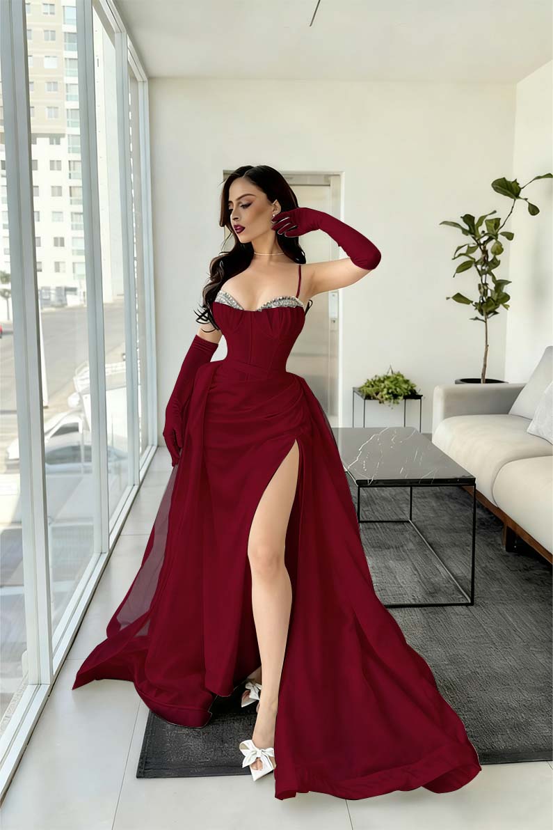 Spaghetti Strap Mermaid Long Prom Dress with Split and Gloves