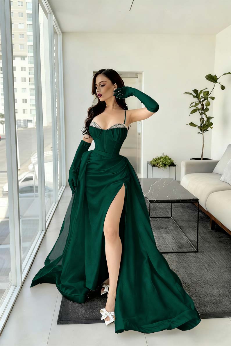 Spaghetti Strap Mermaid Long Prom Dress with Split and Gloves