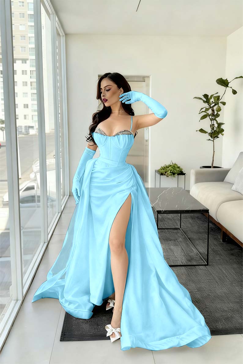 Spaghetti Strap Mermaid Long Prom Dress with Split and Gloves