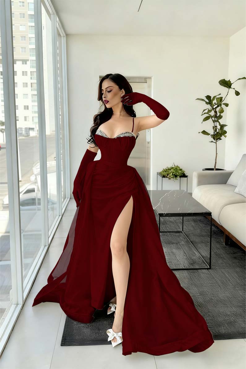 Spaghetti Strap Mermaid Long Prom Dress with Split and Gloves