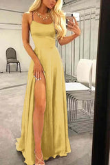 Spaghetti Strap Long Prom Dress with Split Ruffles