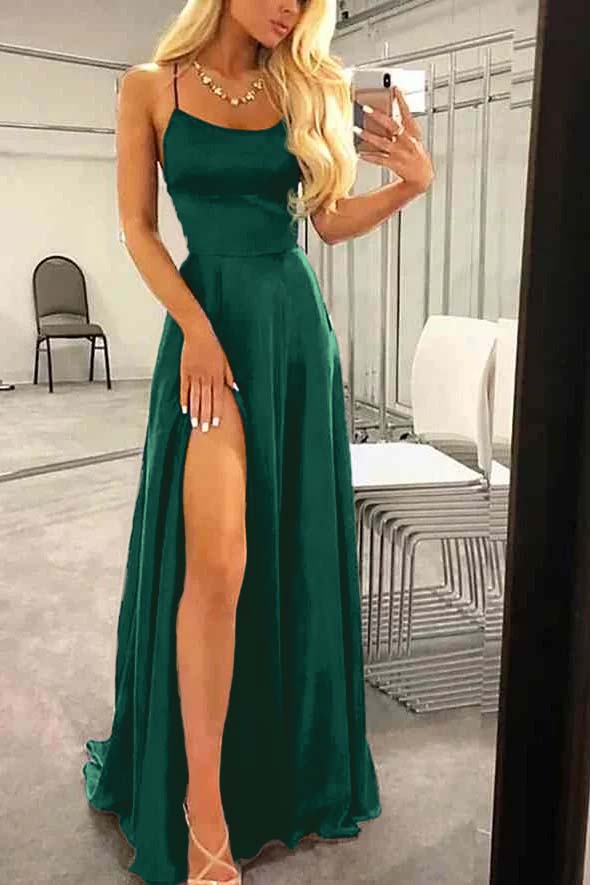 Spaghetti Strap Long Prom Dress with Split Ruffles
