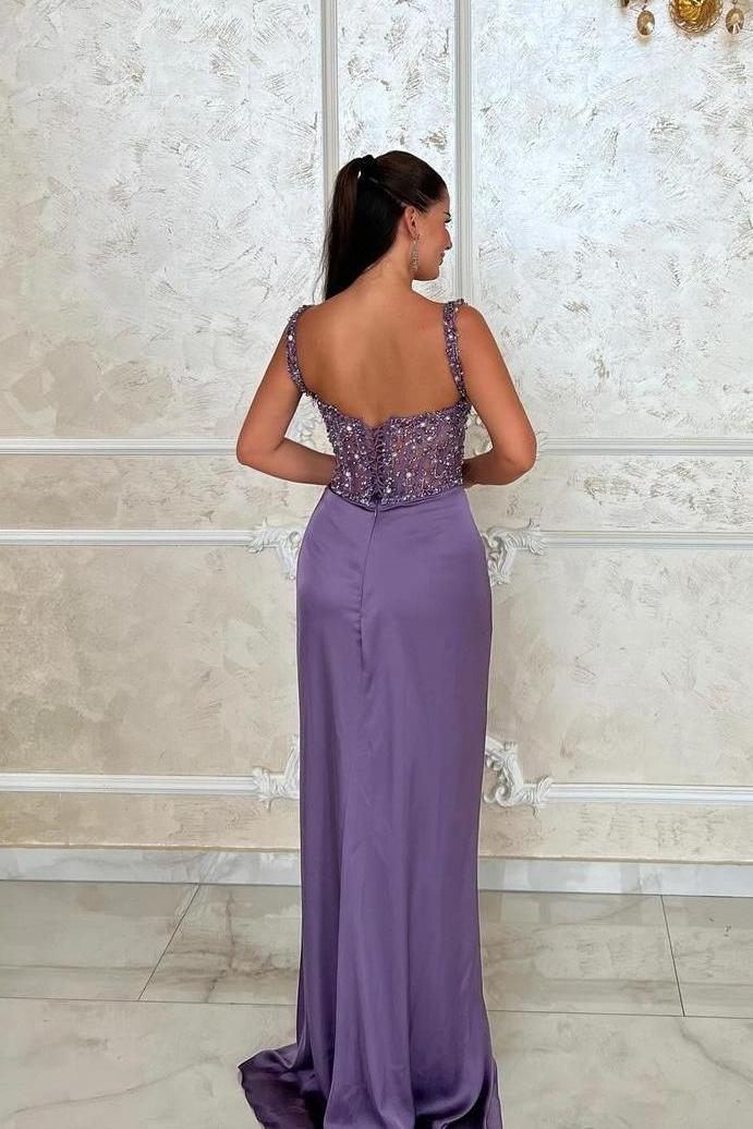 Spaghetti Strap Long Split Prom Dress with Beading