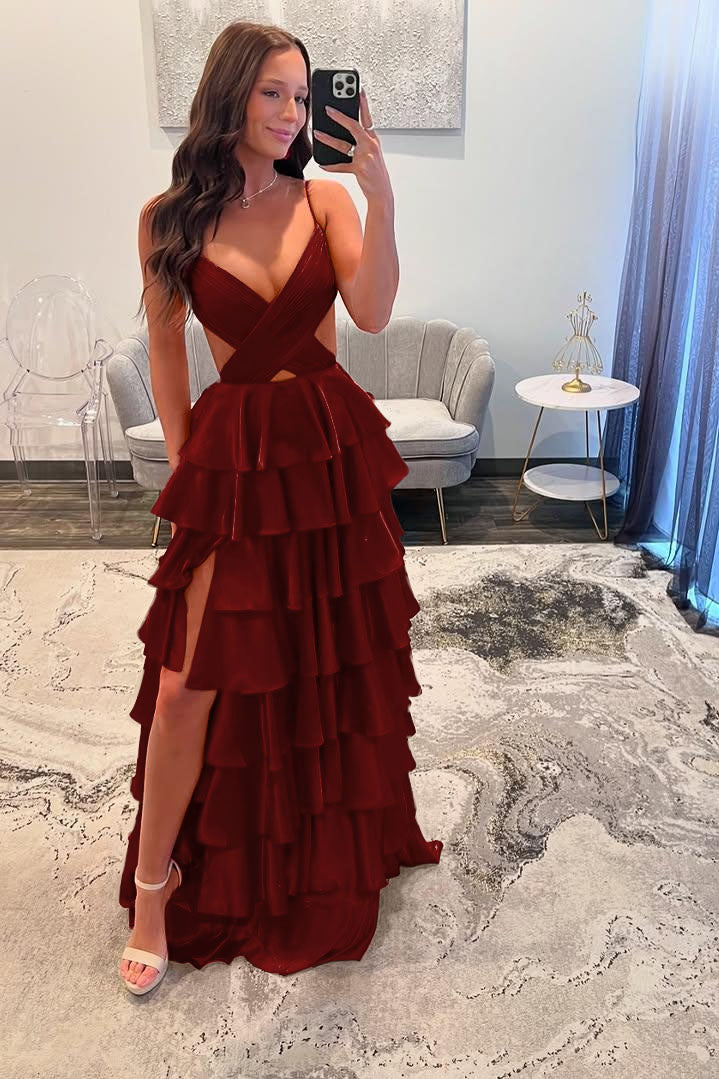 Spaghetti Strap Long Prom Dress with Split and Ruffles
