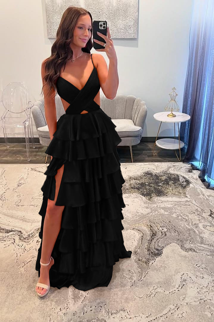 Spaghetti Strap Long Prom Dress with Split and Ruffles