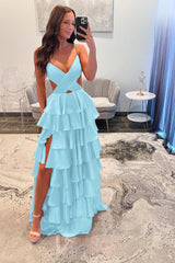 Spaghetti Strap Long Prom Dress with Split and Ruffles
