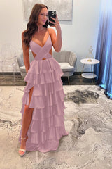Spaghetti Strap Long Prom Dress with Split and Ruffles