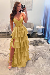 Spaghetti Strap Long Prom Dress with Split and Ruffles