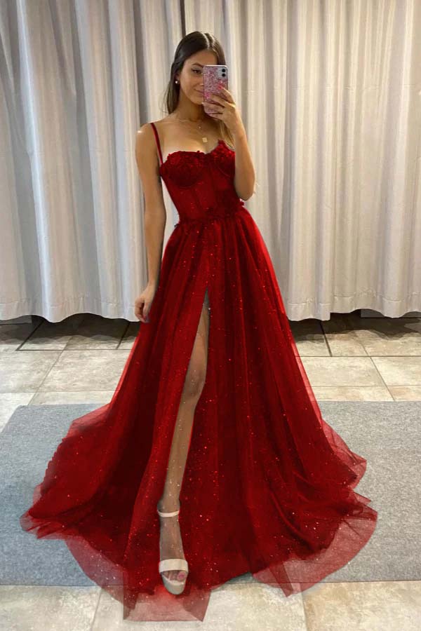 Spaghetti Strap Long Split Prom Dress with Sequins