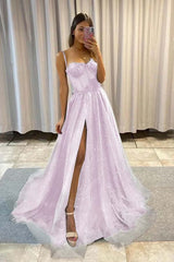 Spaghetti Strap Long Split Prom Dress with Sequins