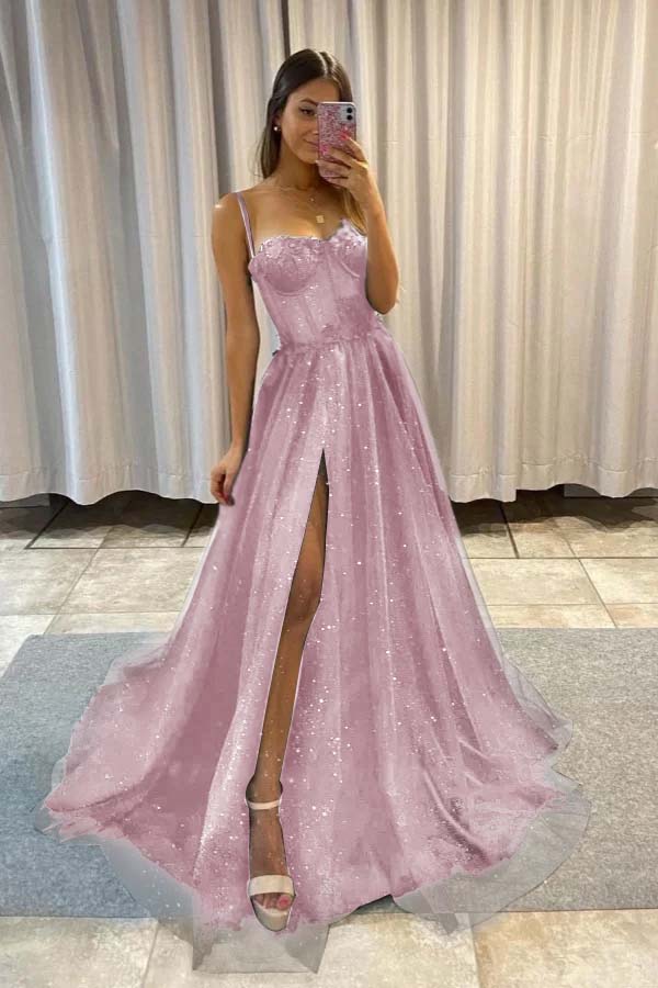 Spaghetti Strap Long Split Prom Dress with Sequins