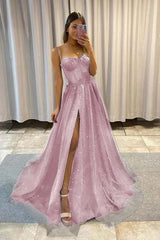 Spaghetti Strap Long Split Prom Dress with Sequins
