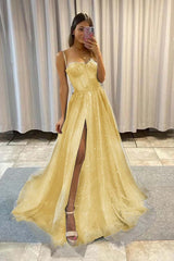 Spaghetti Strap Long Split Prom Dress with Sequins