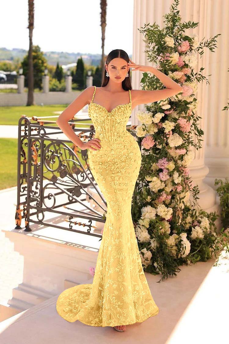 Spaghetti Strap Mermaid Long Prom Dress with Beading and Appliques