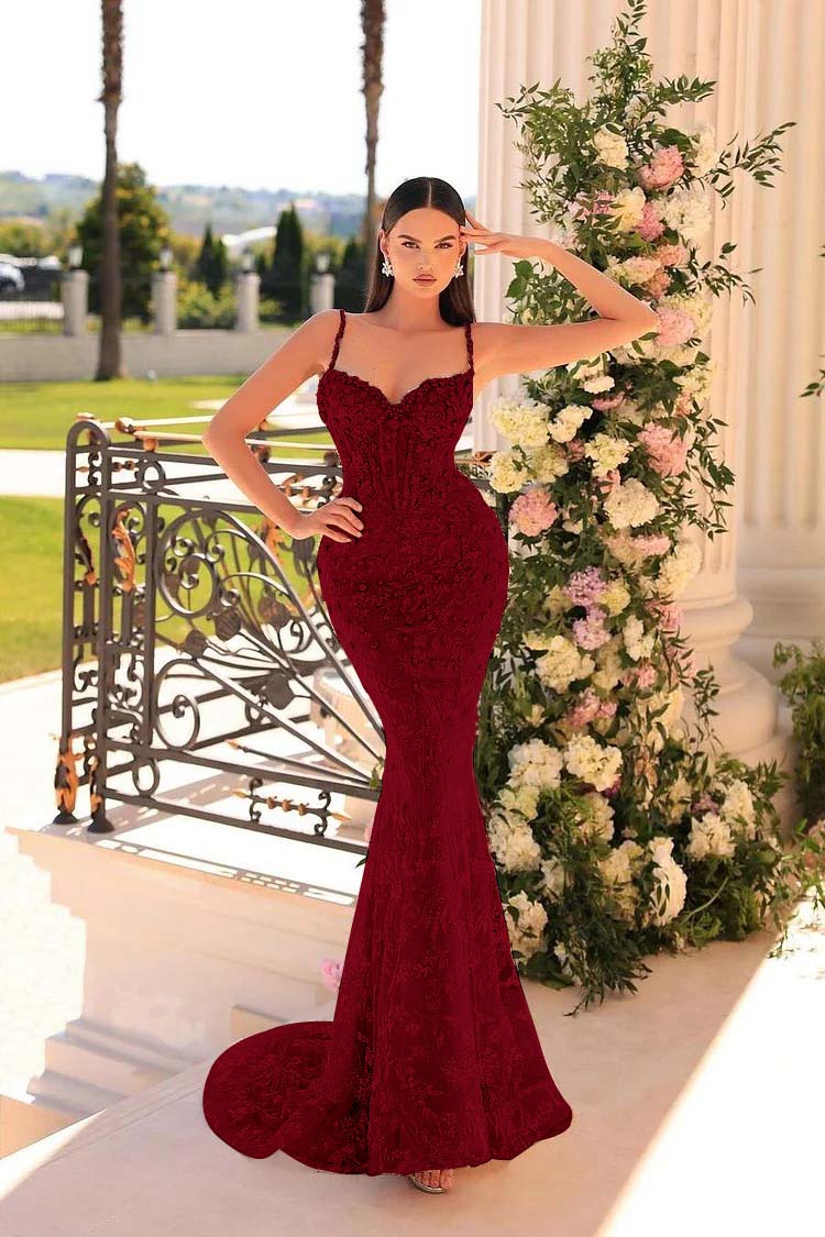 Spaghetti Strap Mermaid Long Prom Dress with Beading and Appliques