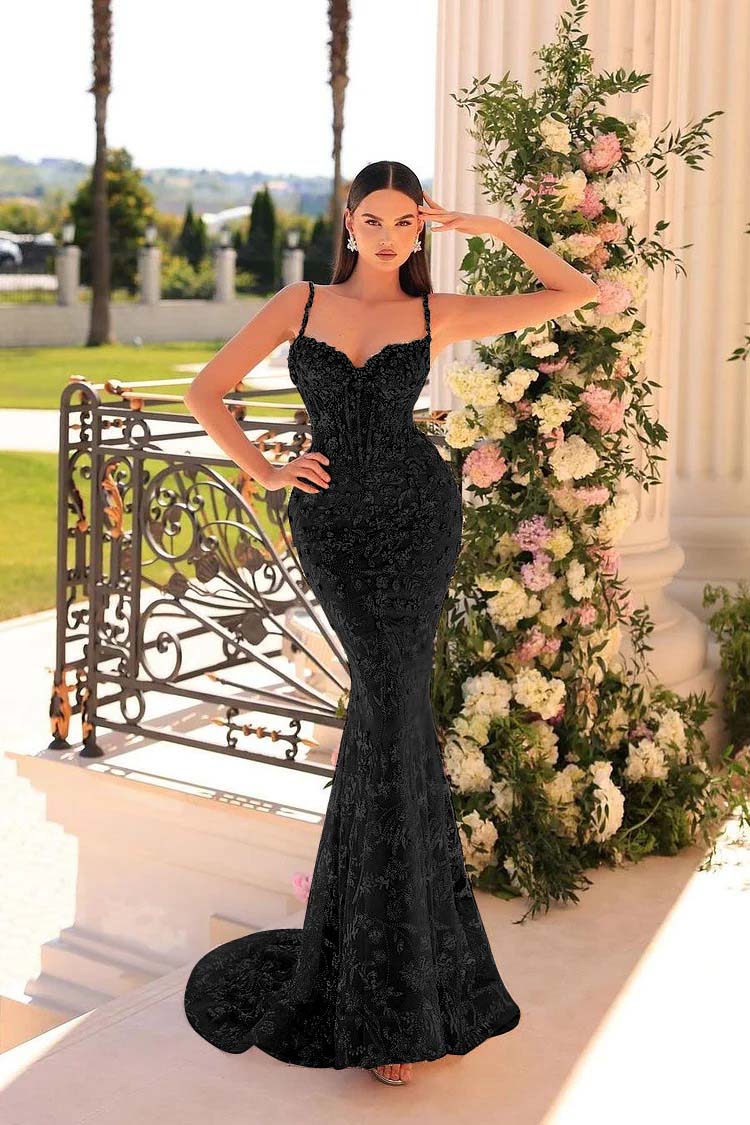 Spaghetti Strap Mermaid Long Prom Dress with Beading and Appliques