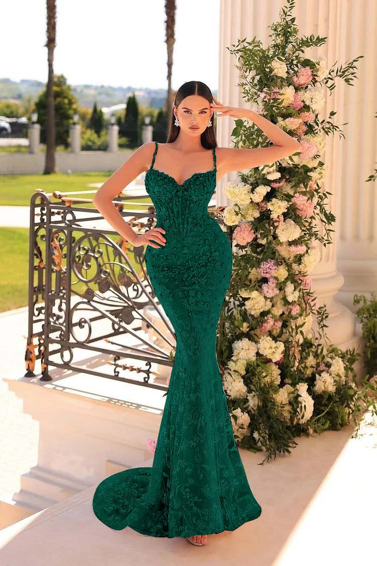 Spaghetti Strap Mermaid Long Prom Dress with Beading and Appliques