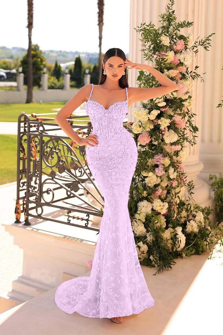 Spaghetti Strap Mermaid Long Prom Dress with Beading and Appliques