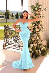 Spaghetti Strap Mermaid Long Prom Dress with Beading and Appliques