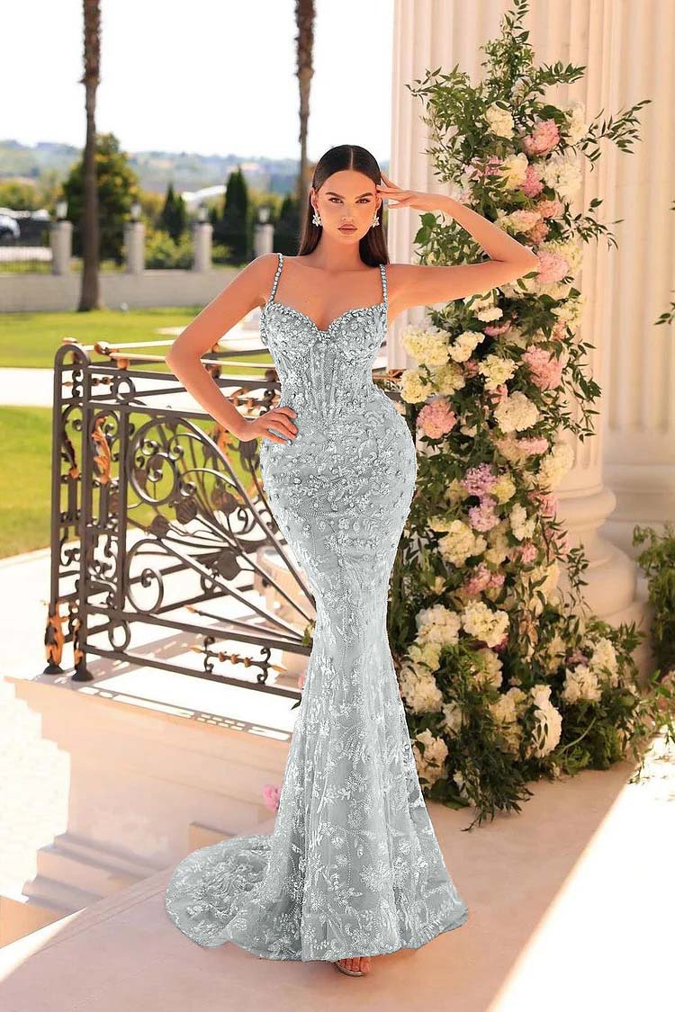 Spaghetti Strap Mermaid Long Prom Dress with Beading and Appliques