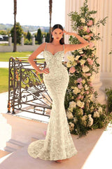 Spaghetti Strap Mermaid Long Prom Dress with Beading and Appliques