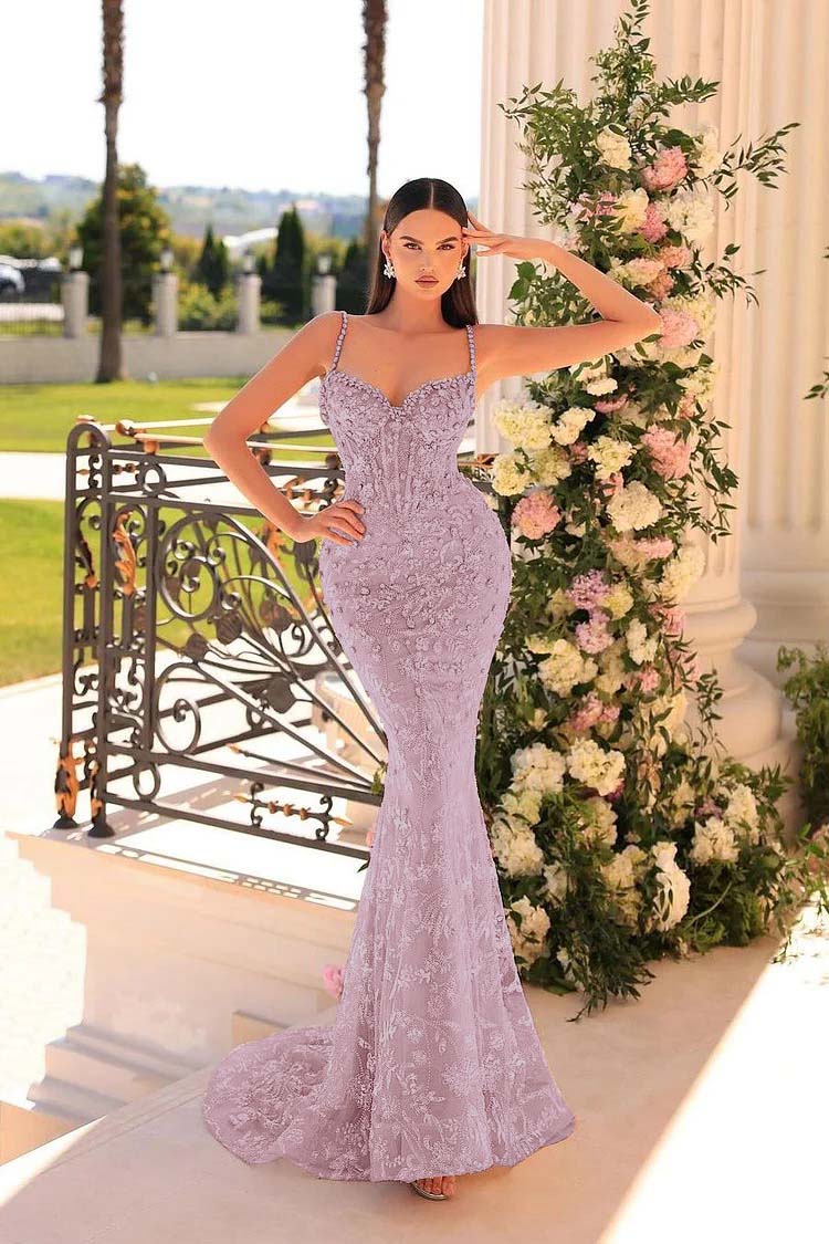 Spaghetti Strap Mermaid Long Prom Dress with Beading and Appliques