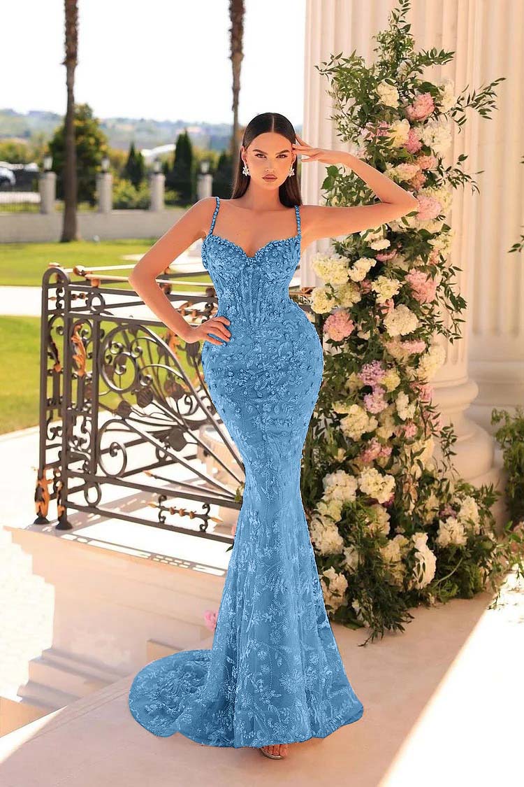 Spaghetti Strap Mermaid Long Prom Dress with Beading and Appliques
