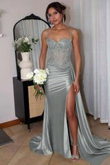Spaghetti Strap Mermaid Long Prom Dress with Split Appliques