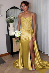 Spaghetti Strap Mermaid Long Prom Dress with Split Appliques
