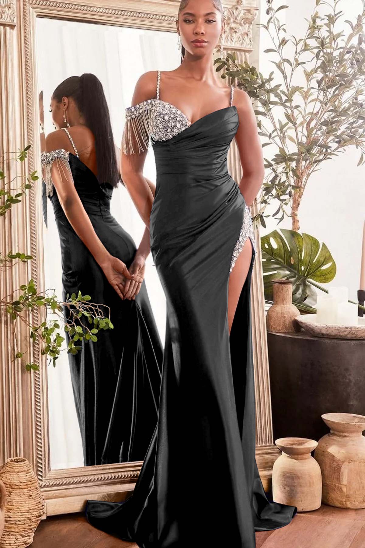 Spaghetti Strap Mermaid Long Prom Dress with Beading and Split
