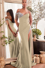 Spaghetti Strap Mermaid Long Prom Dress with Beading and Split