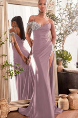 Spaghetti Strap Mermaid Long Prom Dress with Beading and Split