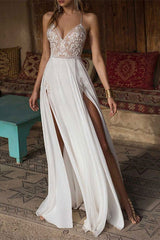 Spaghetti Strap Split Chiffon Lace Wedding Dress