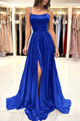 Simple Green A-Line Spaghetti Strap Long Prom Dress with Split