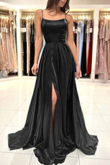 Simple Green A-Line Spaghetti Strap Long Prom Dress with Split