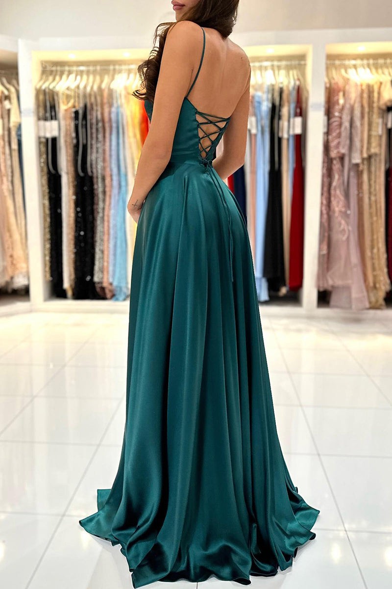 Simple Green A-Line Spaghetti Strap Long Prom Dress with Split