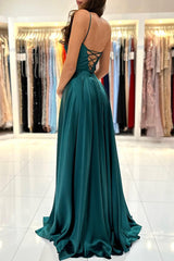Simple Green A-Line Spaghetti Strap Long Prom Dress with Split