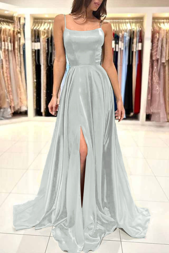 Simple Green A-Line Spaghetti Strap Long Prom Dress with Split