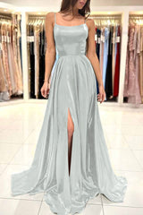 Simple Green A-Line Spaghetti Strap Long Prom Dress with Split