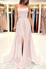 Simple Green A-Line Spaghetti Strap Long Prom Dress with Split