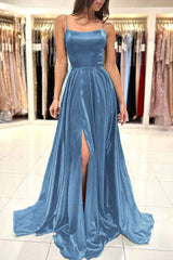 Simple Green A-Line Spaghetti Strap Long Prom Dress with Split
