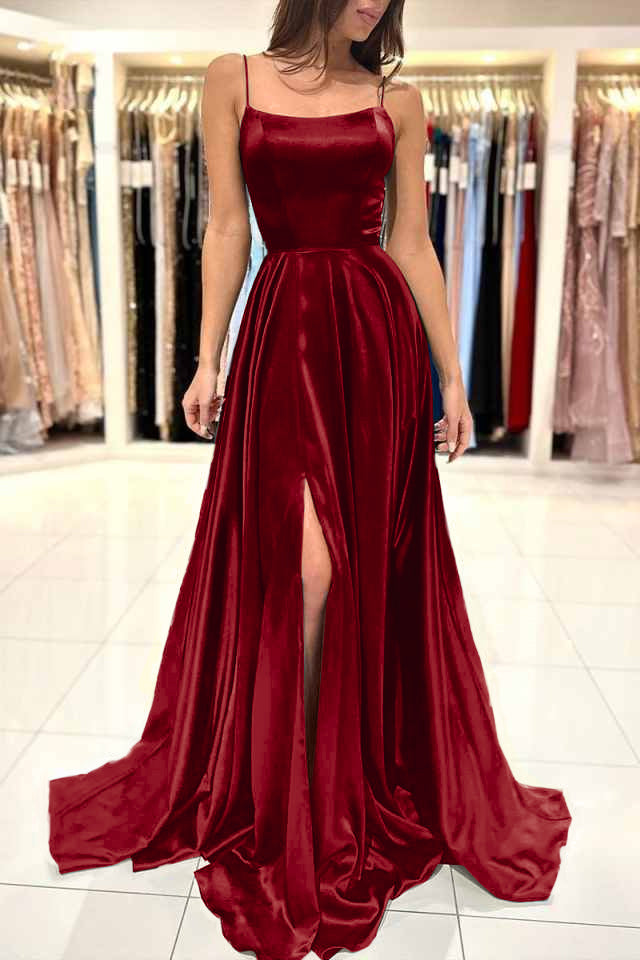 Simple Green A-Line Spaghetti Strap Long Prom Dress with Split