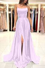 Simple Green A-Line Spaghetti Strap Long Prom Dress with Split