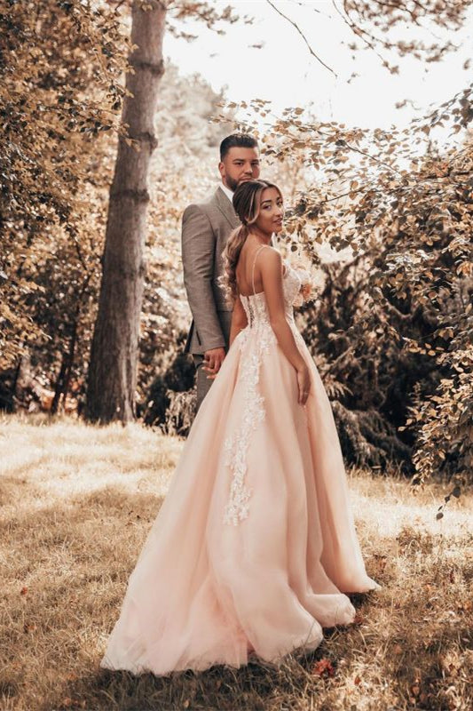 Spaghetti Strap Tulle Lace A-Line Wedding Dress