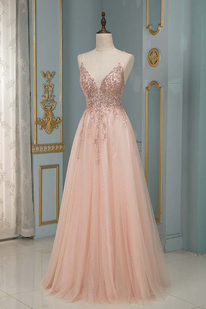 Spaghetti Strap V-Neck Prom Dress with Beading and Appliques