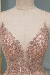 Spaghetti Strap V-Neck Prom Dress with Beading and Appliques